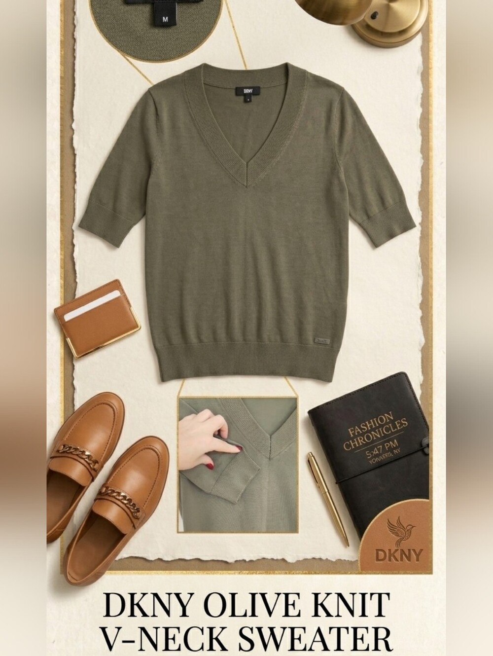 DKNY Olive Knit V-Neck Sweater Size M